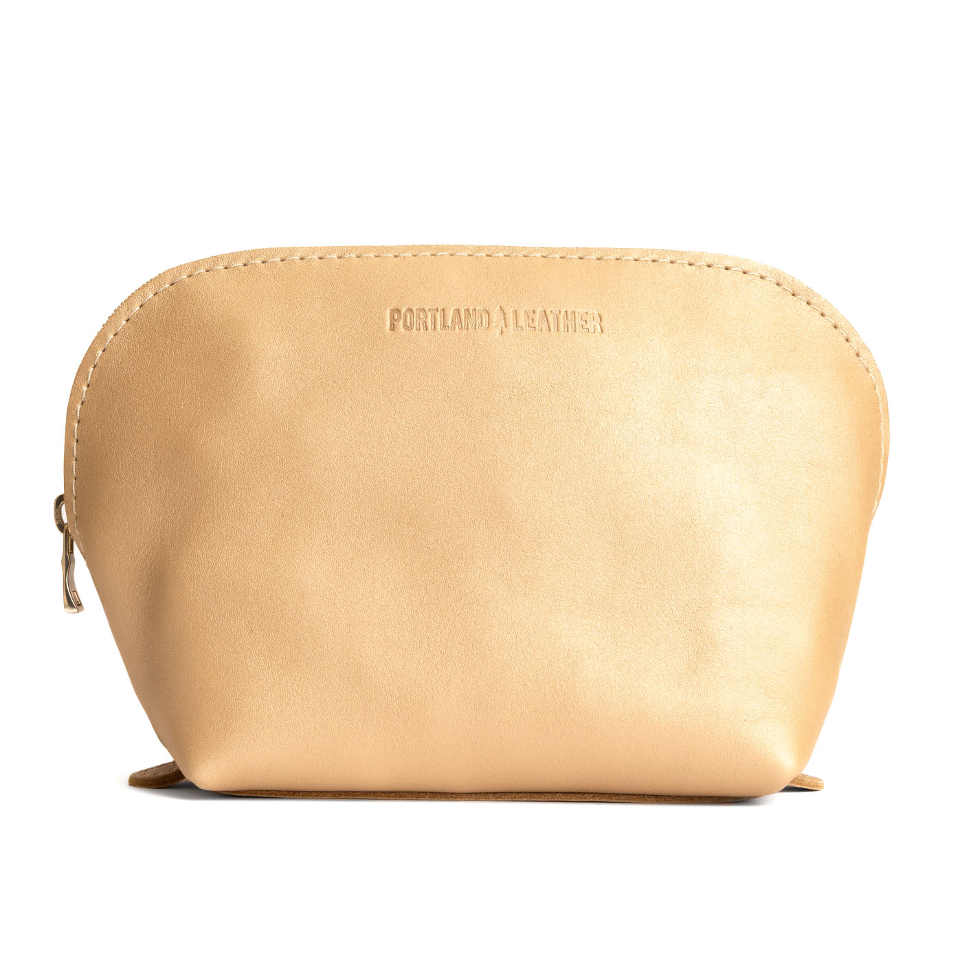 Champagne*Belladonna | Leather makeup bag with curved top zipper and flat bottom