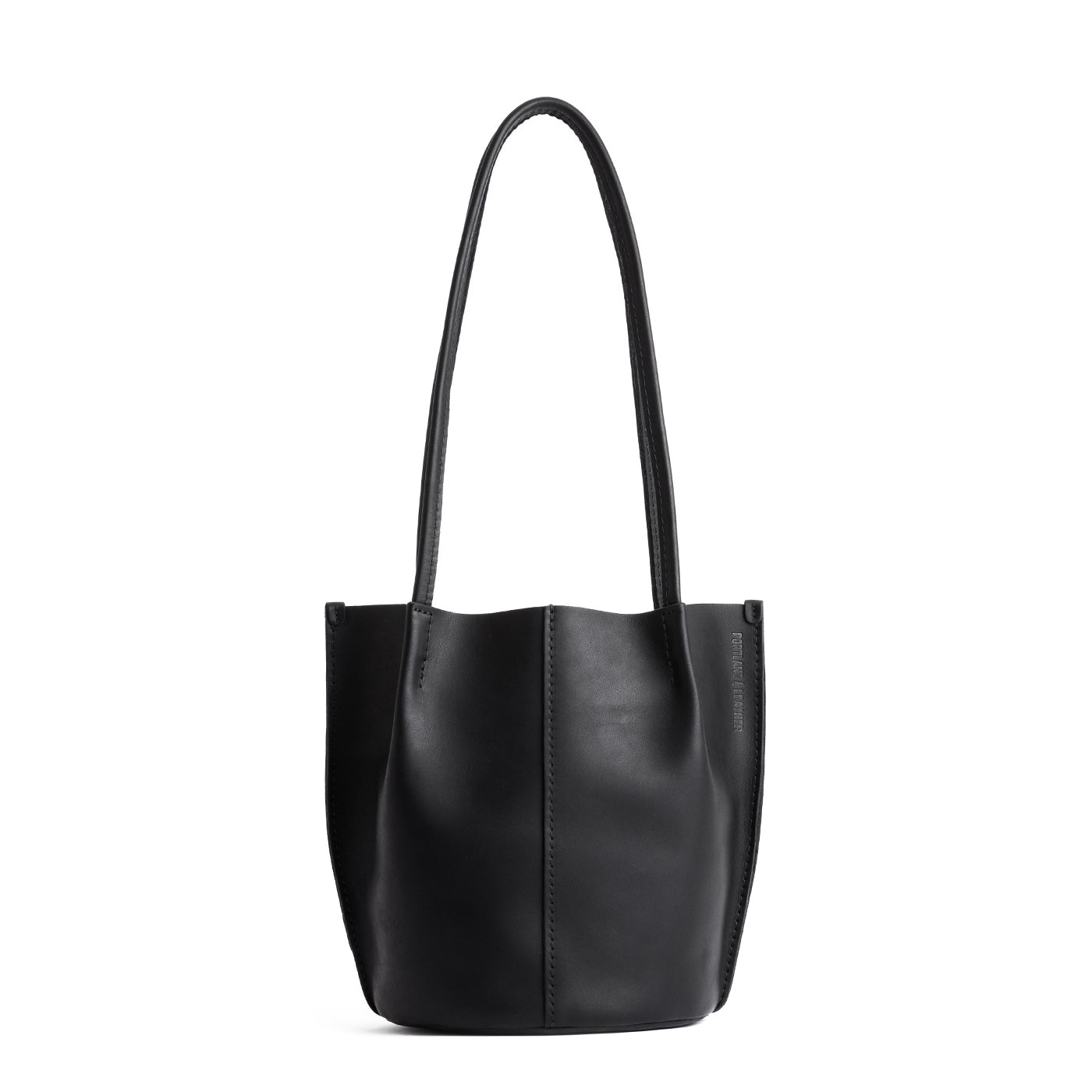 Black | Petite bucket shaped tote bag with matching leather handles