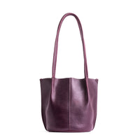 Plum | Petite bucket shaped tote bag with matching leather handles