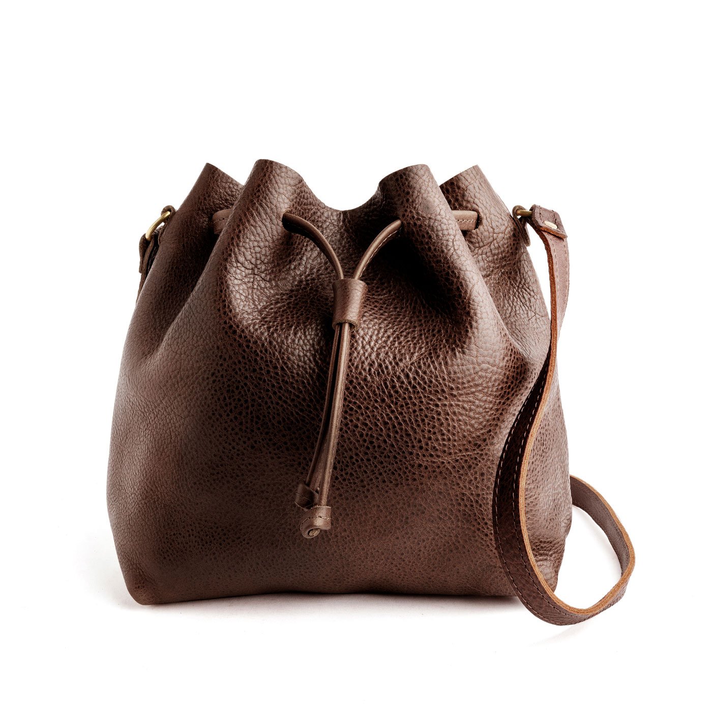 Women's Brown Genuine Leather Shoulder Bucket Bag with Wide Strap