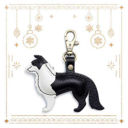 Pebbled--black | Leather border collie shaped keychain with metal lobster clasp