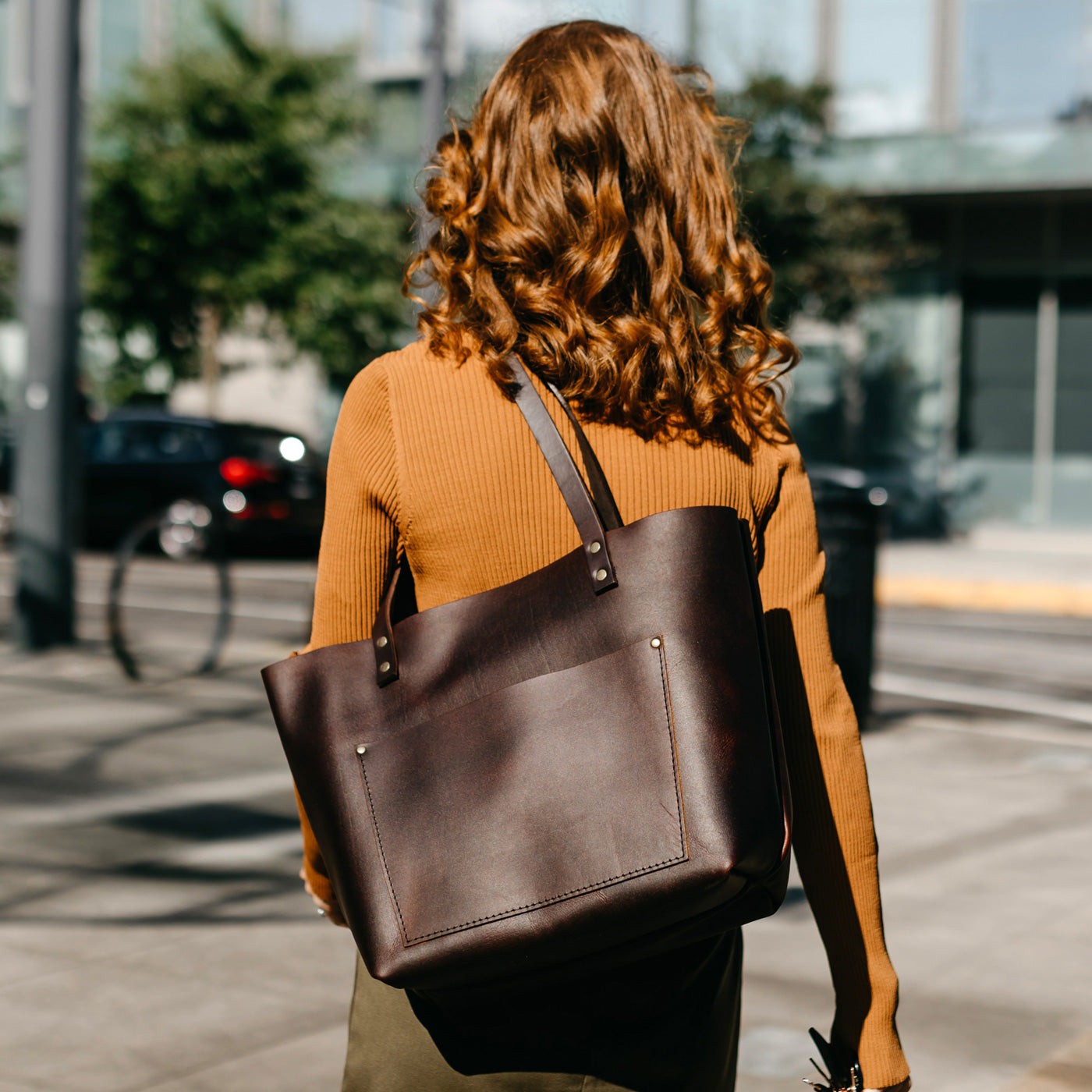 Brown leather tote handbag best sale