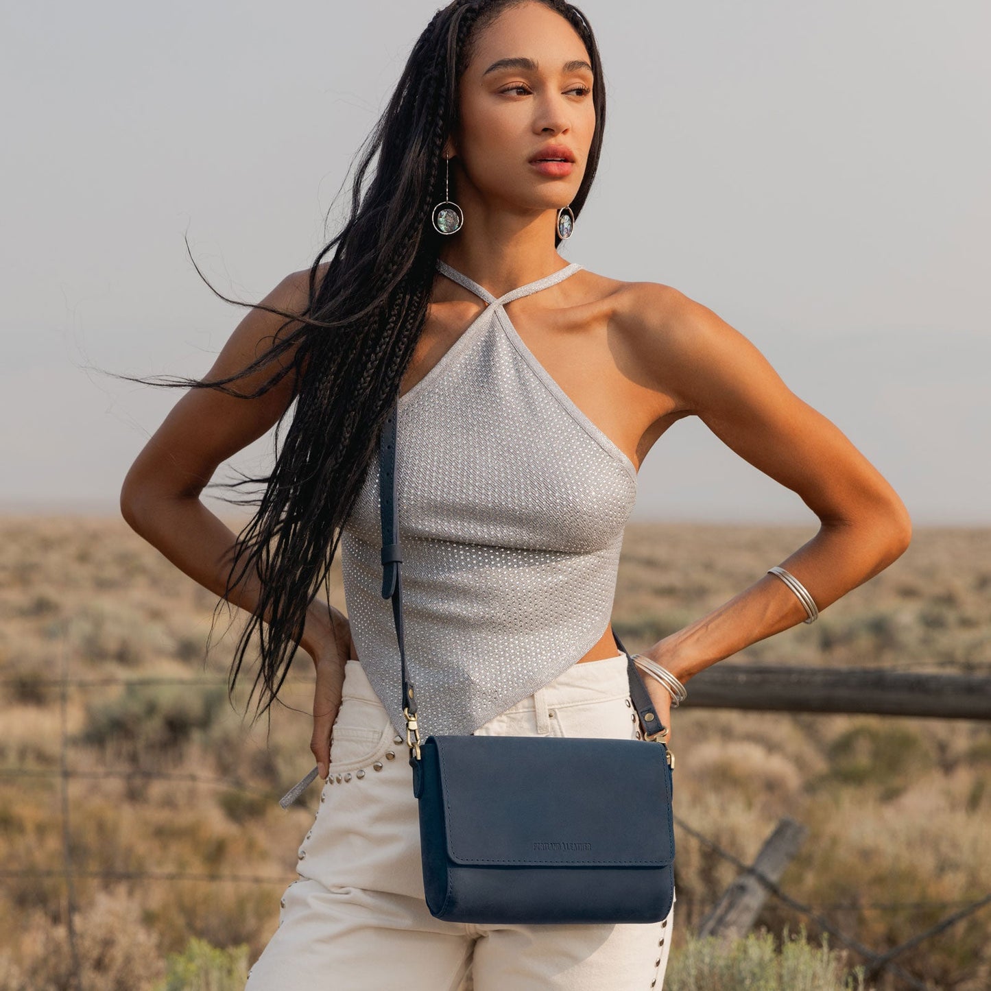 Deep Water*Medium | Model Wearing Leather Crossbody Bag with Magnetic Messenger Bag Closure Outside