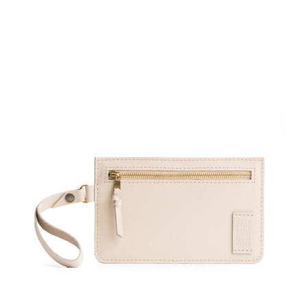 Bone | Flat leather pouch with zipper and wristlet