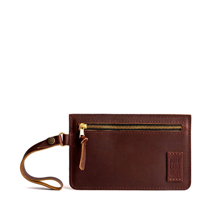 Cognac | Flat leather pouch with zipper and wristlet