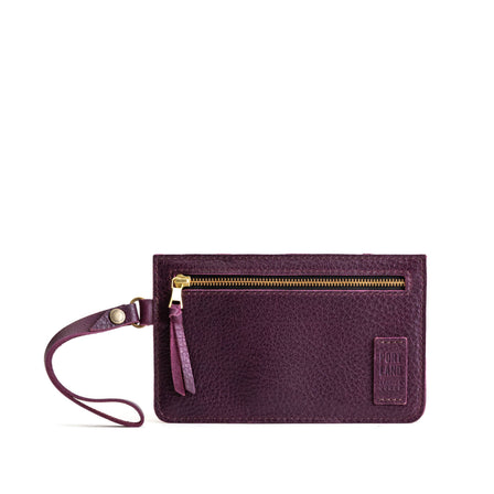 Plum | Flat leather pouch with zipper and wristlet