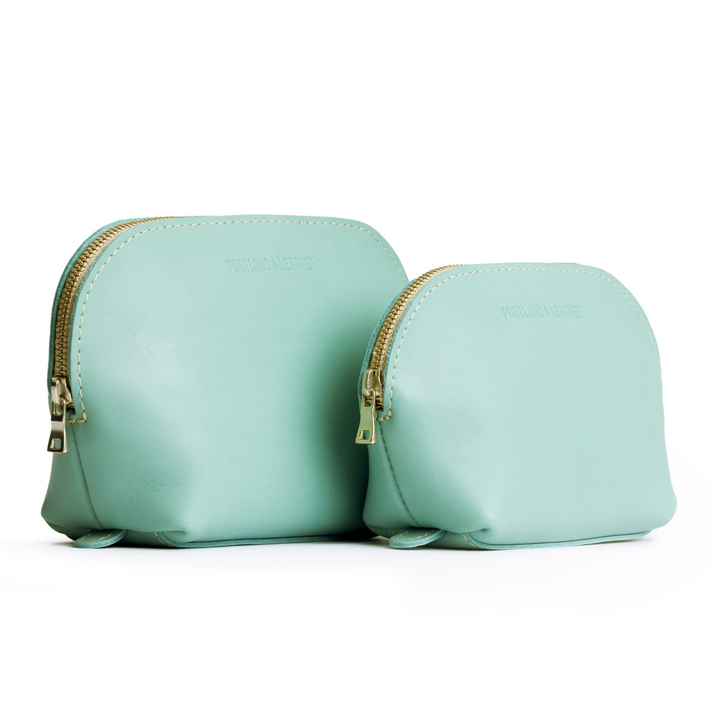 Mint | Leather makeup bag with curved top zipper and flat bottom