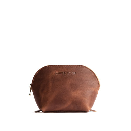 English Tan*Bella | Leather makeup bag with curved top zipper and flat bottom