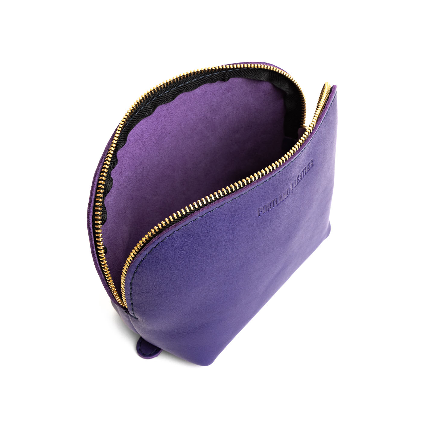 Amethyst*Belladonna | Leather makeup bag with curved top zipper and flat bottom