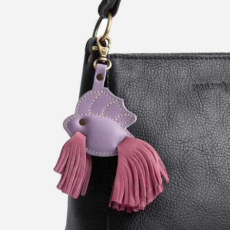 Foxglove | Leather betta fish shaped keychain with tassel fins and metal lobster clasp