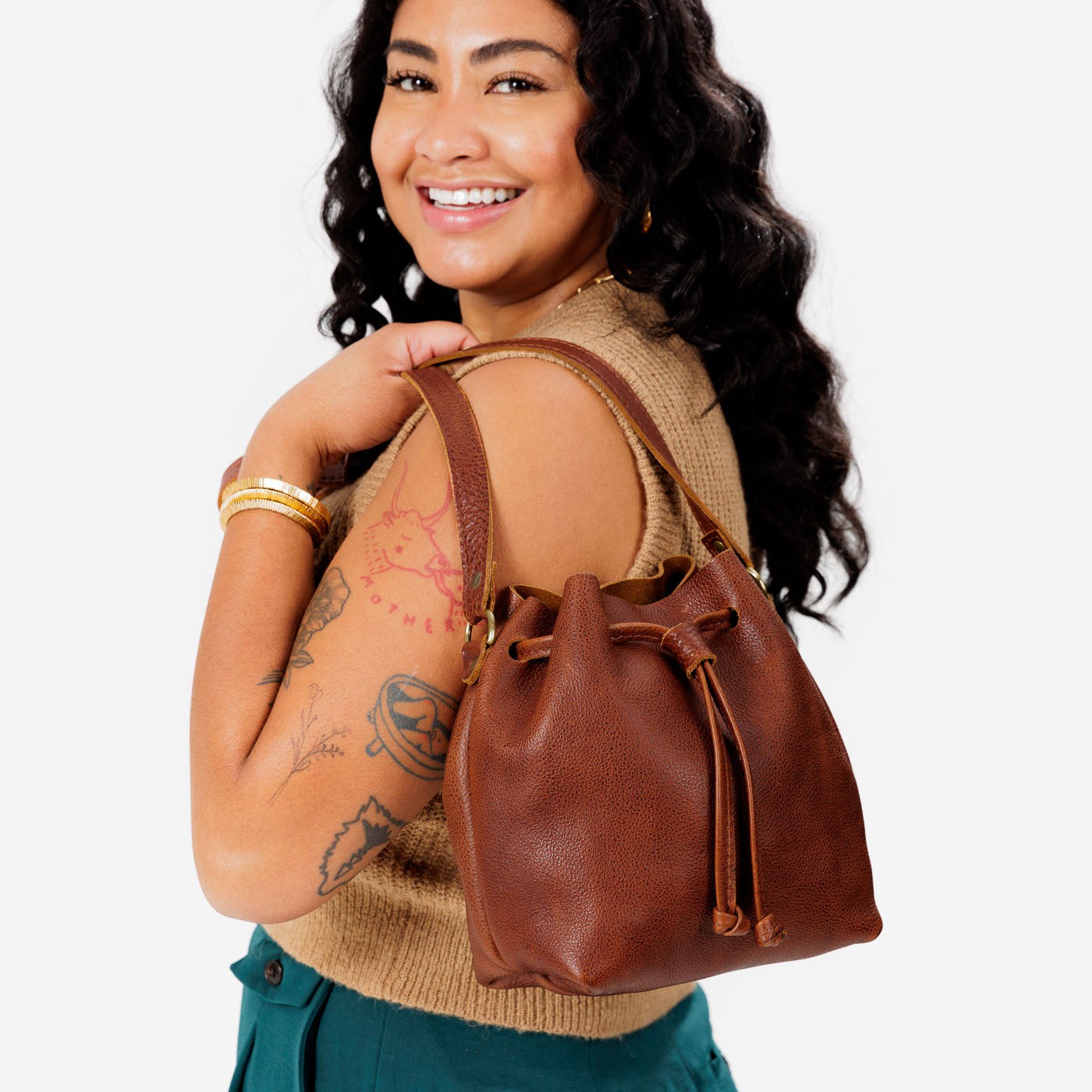 Small brown on sale leather bag