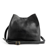 Pebbled--black | symmetrical bucket bag with latch closure and removable crossbody strap