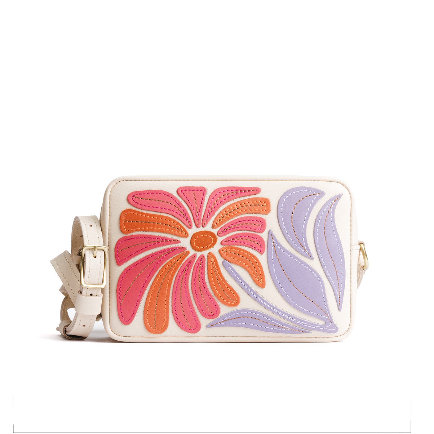 Wildflower Bone*Large | Midsize rectangular crossbody with large flower embroidery