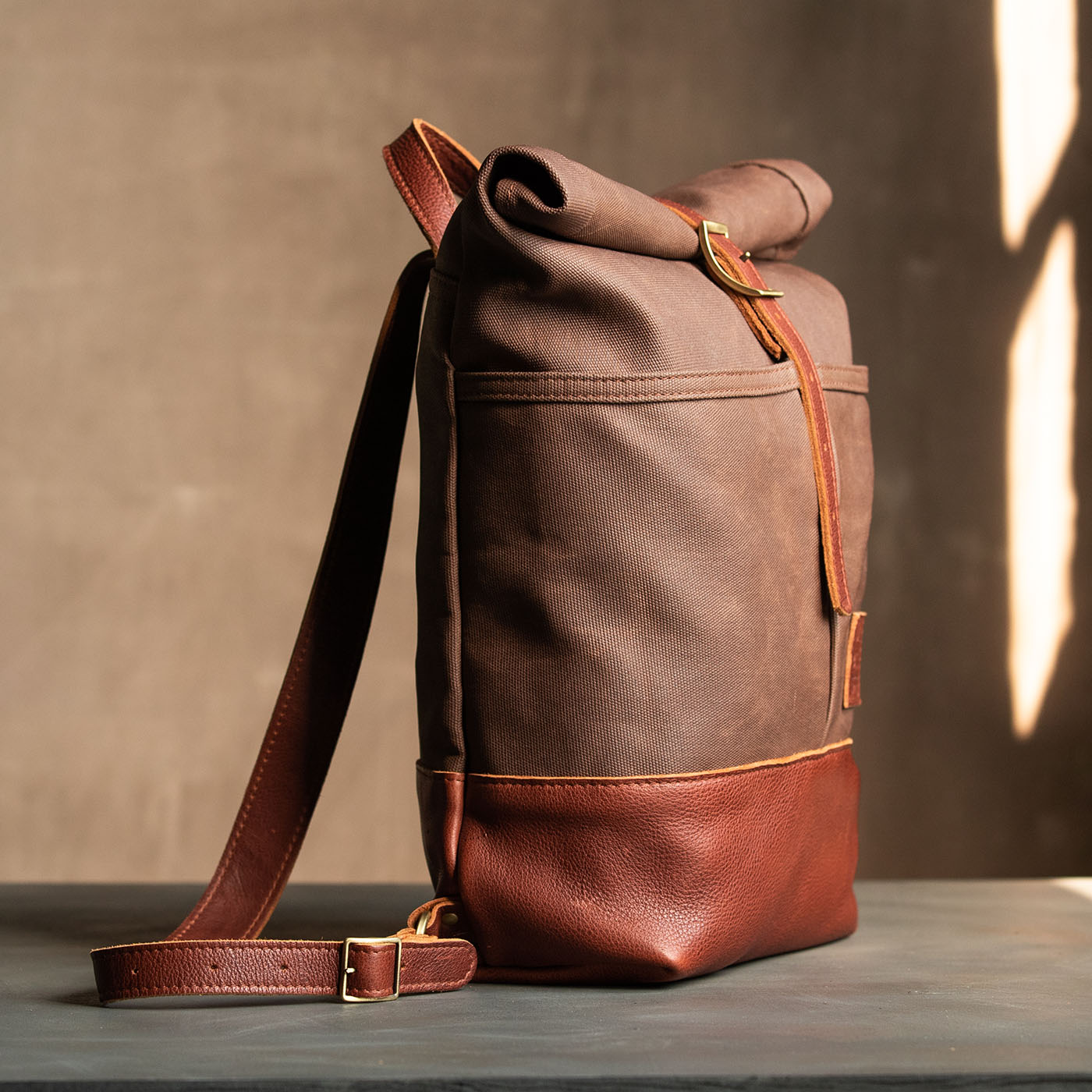 Mens leather outlet and canvas backpack