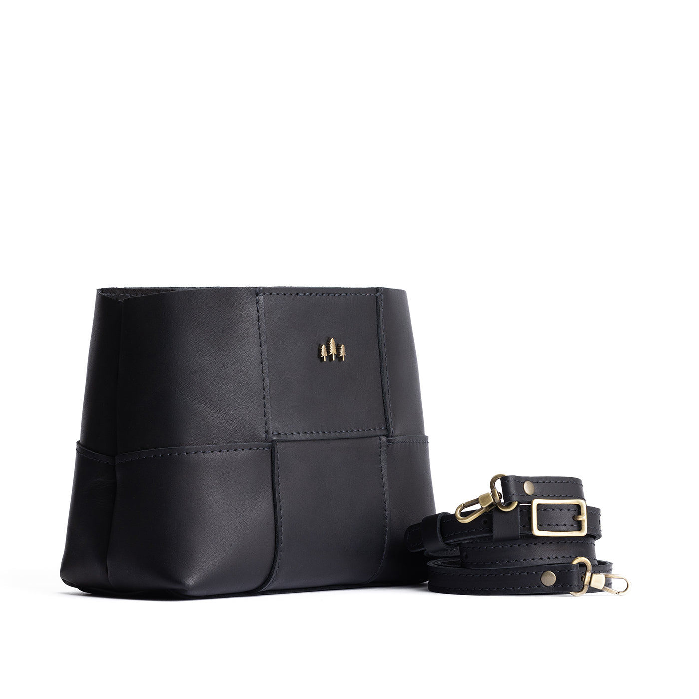 Black*Small | Structured woven leather bag with three metal tree emblems and crossbody strap