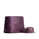 Plum Small | Structured woven leather bag with three metal tree emblems and crossbody strap