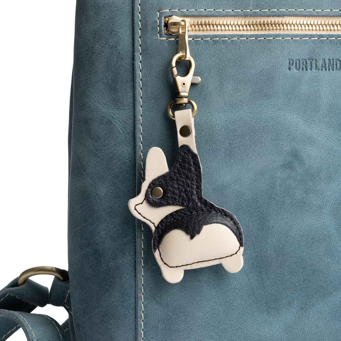 Pebbled--black | Leather corgi shaped keychain with metal lobster clasp