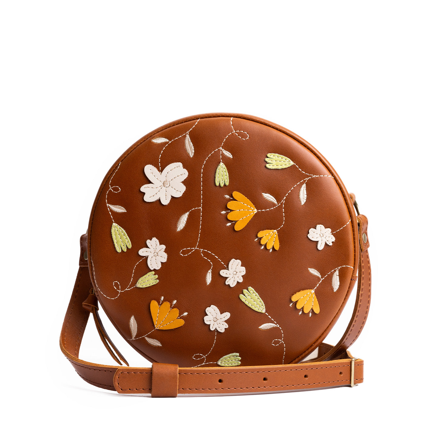 Folklore Honey*Small | Circle shaped crossbody bag with embroidered flower design