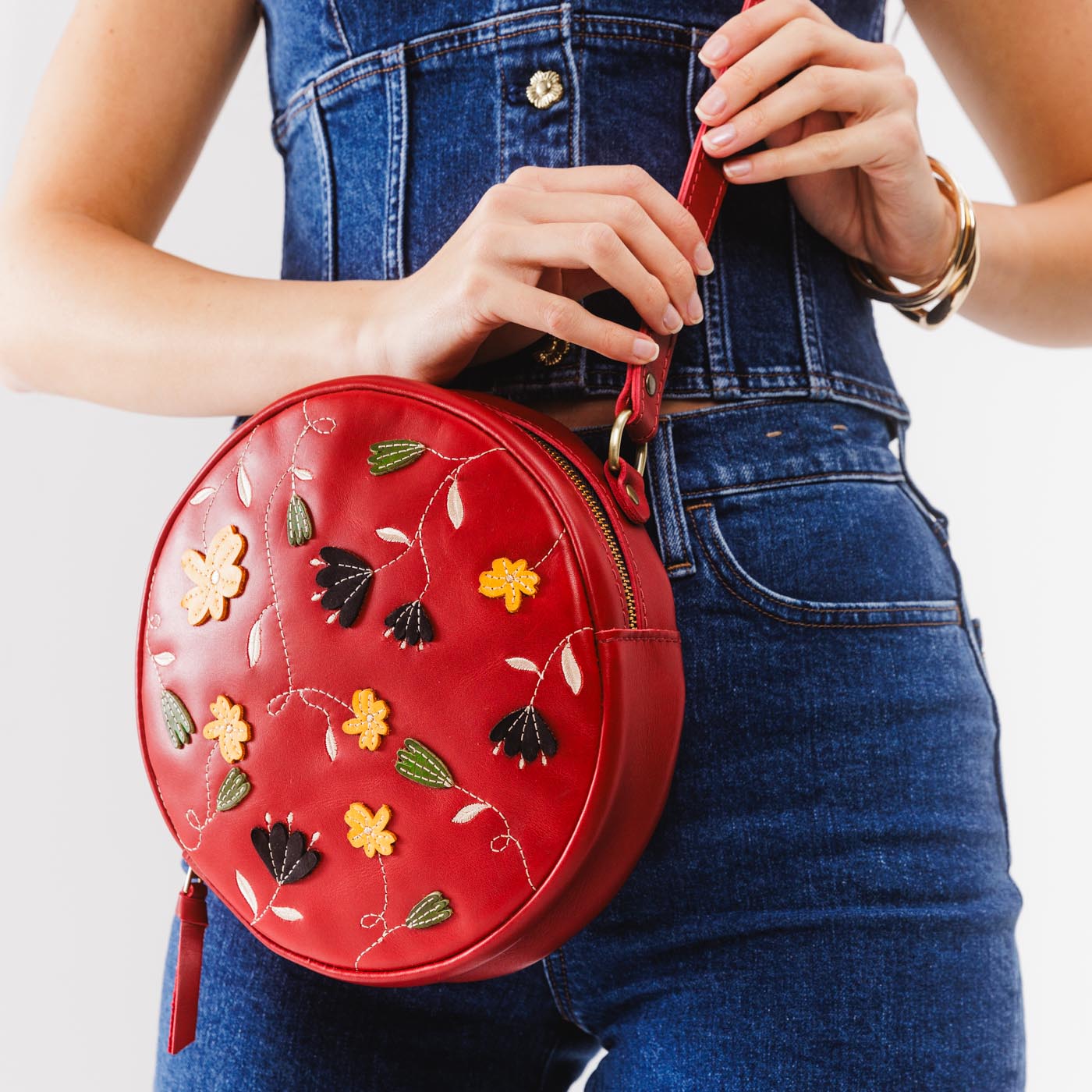 Folklore Ruby*Large | Circle shaped crossbody bag with embroidered flower design