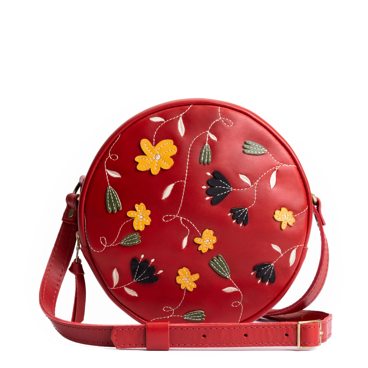 Folklore Ruby*Large | Circle shaped crossbody bag with embroidered flower design