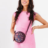 Folklore Plum Small | Circle shaped crossbody bag with embroidered flower design