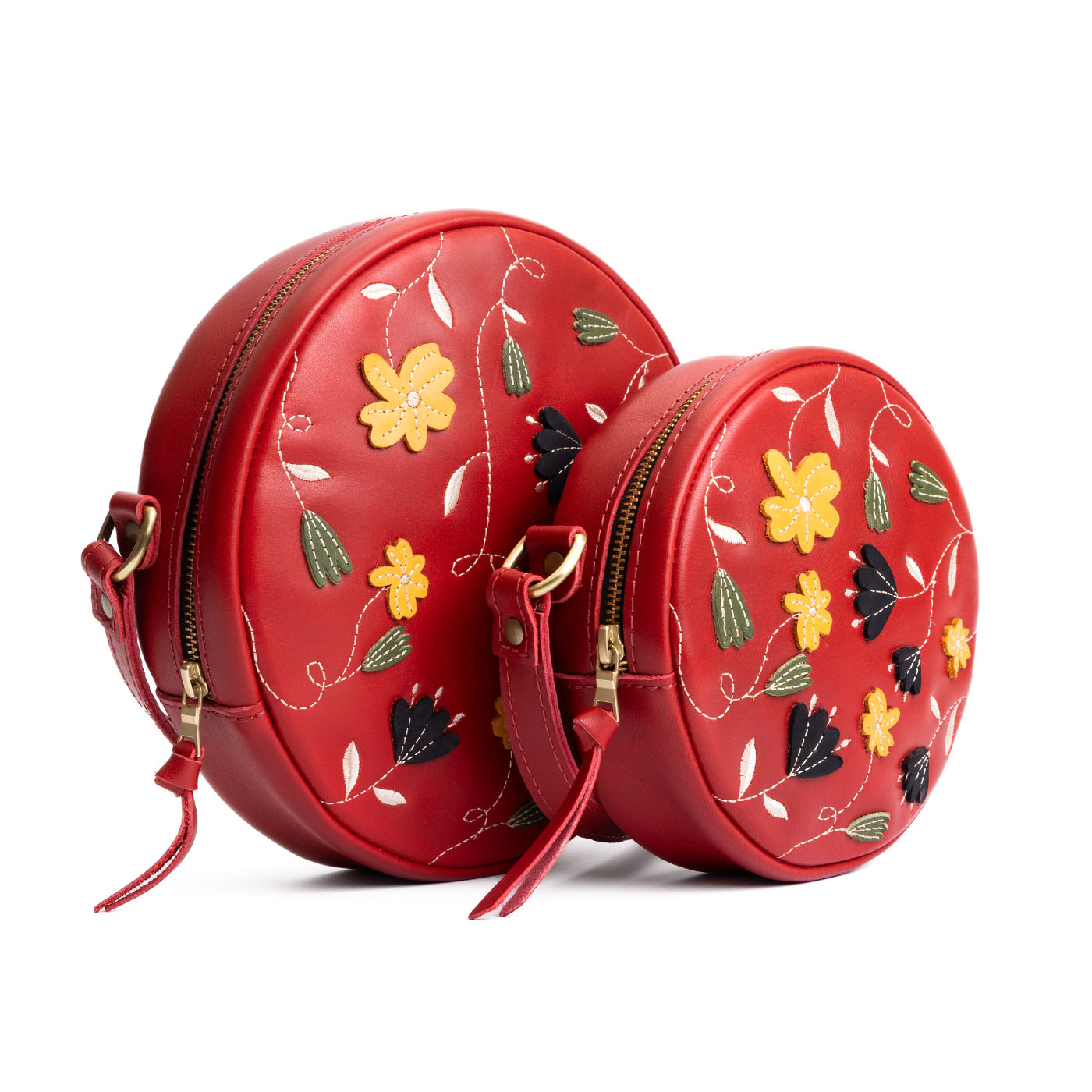 Folklore Ruby | Circle shaped crossbody bag with embroidered flower design