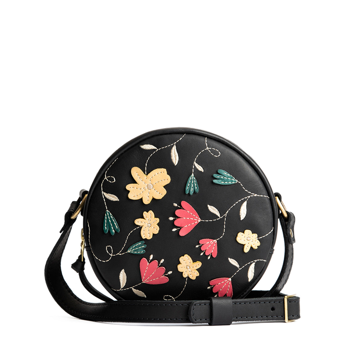 Folklore Black*Small | Circle shaped crossbody bag with embroidered flower design