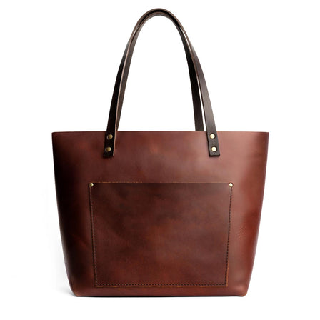 Cognac*Zipper | Large zipper leather tote bag with sturdy bridle handles and front pocket