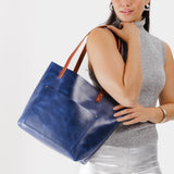 Cowboy Blue Classic | Large leather tote bag with sturdy bridle handles and front pocket