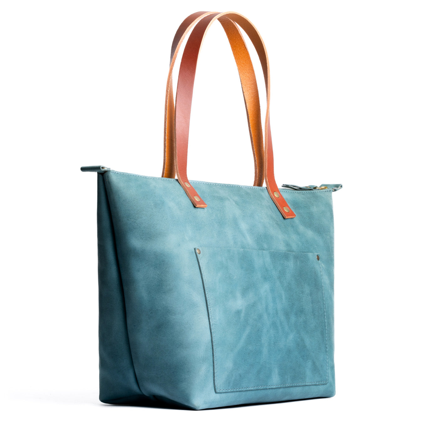 Aqua*Zipper | Large leather tote bag with sturdy bridle handles and front pocket