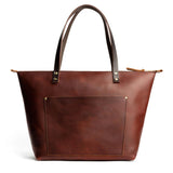 Cognac Zipper | Large zipper leather tote bag with sturdy bridle handles and front pocket