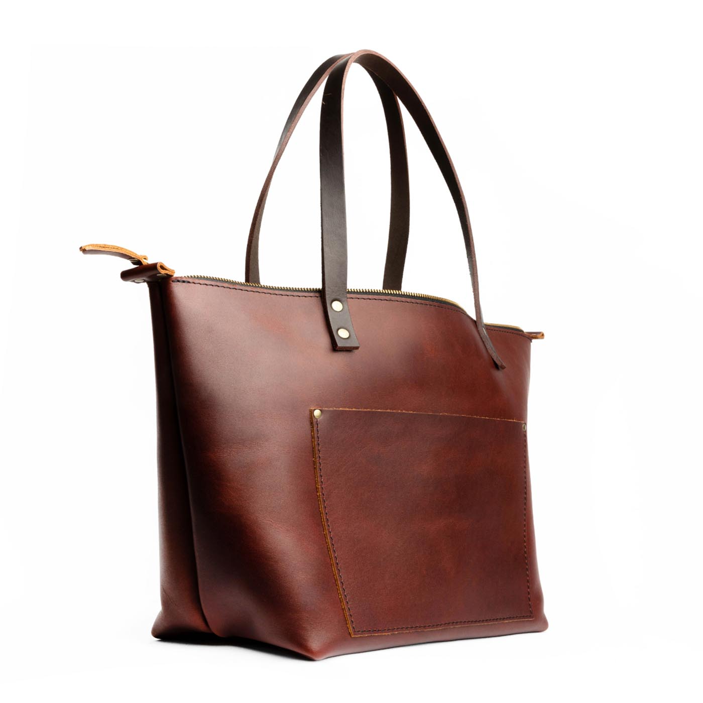 Cognac*Zipper | Large zipper leather tote bag with sturdy bridle handles and front pocket