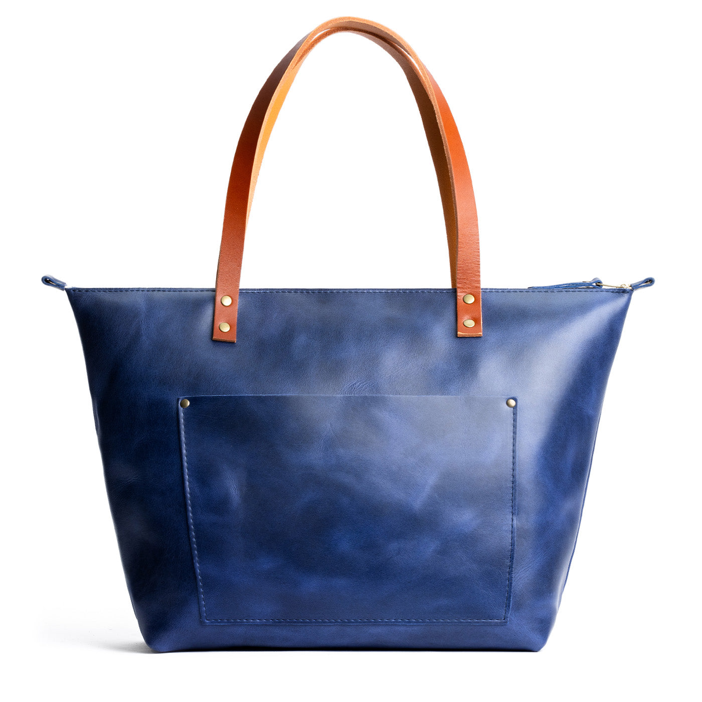 Cowboy Blue*Zipper | Large leather tote bag with sturdy bridle handles and front pocket