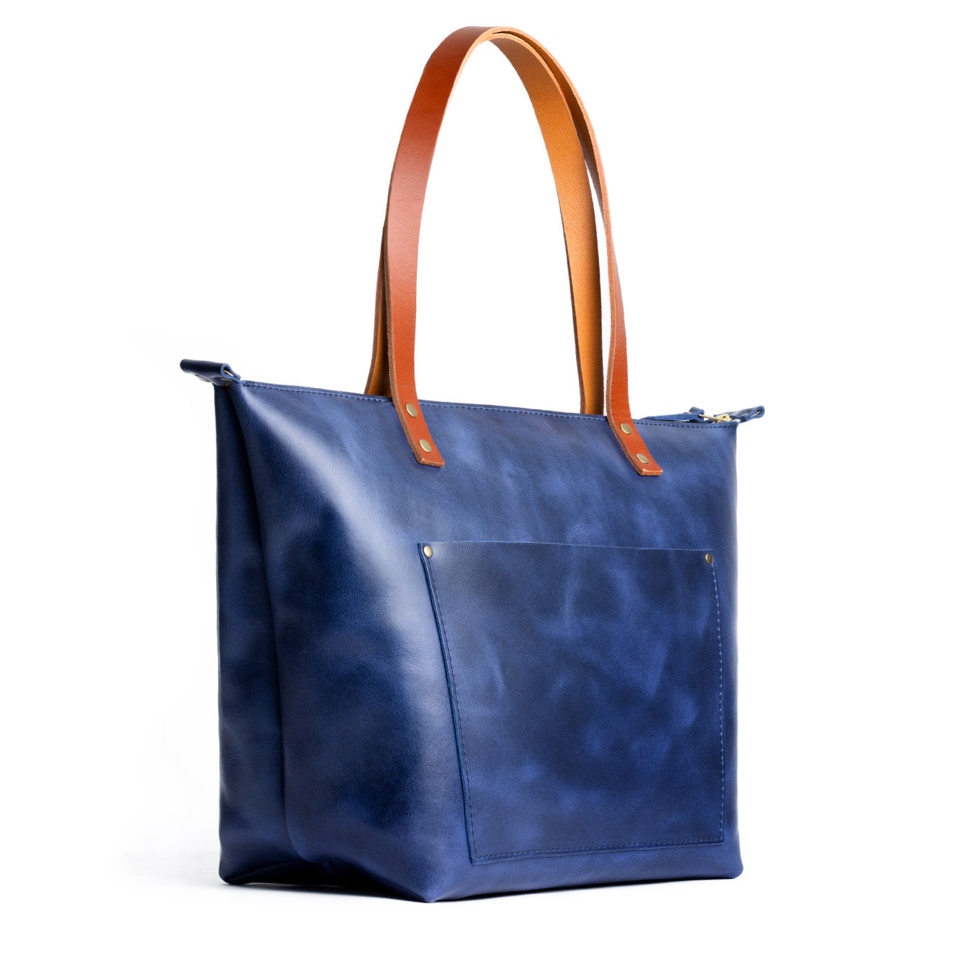 Cowboy Blue*Zipper | Large leather tote bag with sturdy bridle handles and front pocket