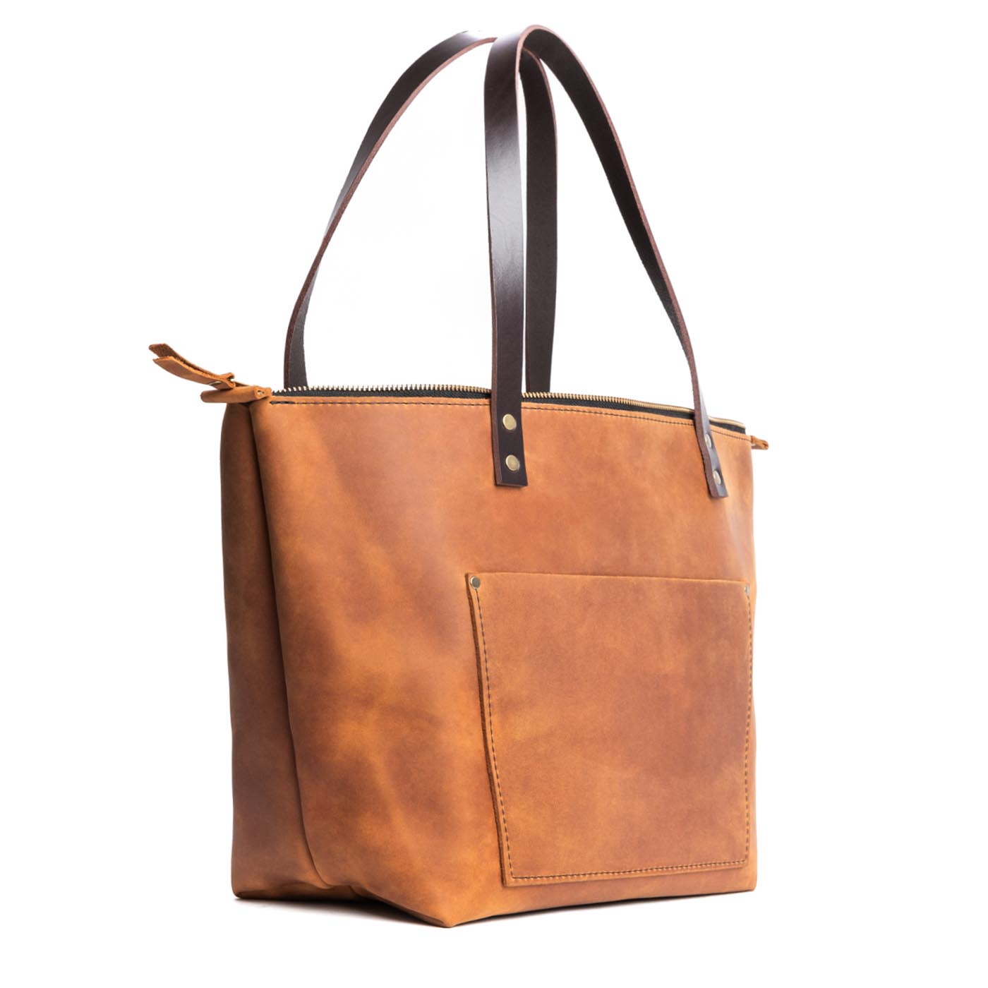 Dakota*Zipper | Large zipper leather tote bag with sturdy bridle handles and front pocket