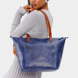 Cowboy Blue Zipper | Large leather tote bag with sturdy bridle handles and front pocket