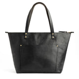 Pebbled--black Zipper | Large zipper leather tote bag with sturdy bridle handles and front pocket