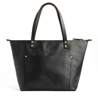 Pebbled--black*Zipper | Large zipper leather tote bag with sturdy bridle handles and front pocket