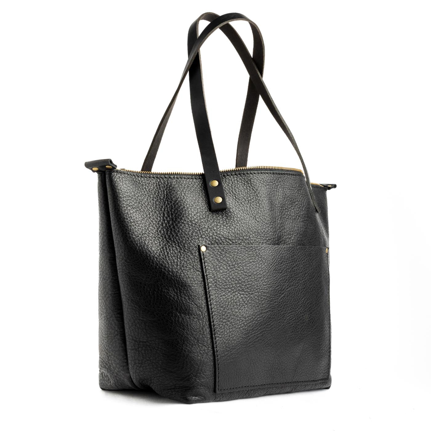 Pebbled--black*Zipper | Large zipper leather tote bag with sturdy bridle handles and front pocket