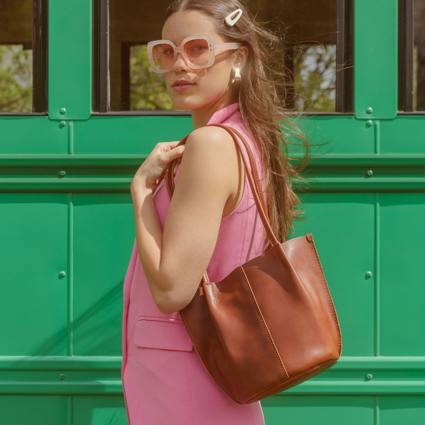 Chestnut | Petite bucket shaped tote bag with matching leather handles