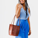 Chestnut | Petite bucket shaped tote bag with matching leather handles