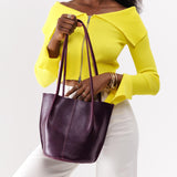 Plum | Petite bucket shaped tote bag with matching leather handles