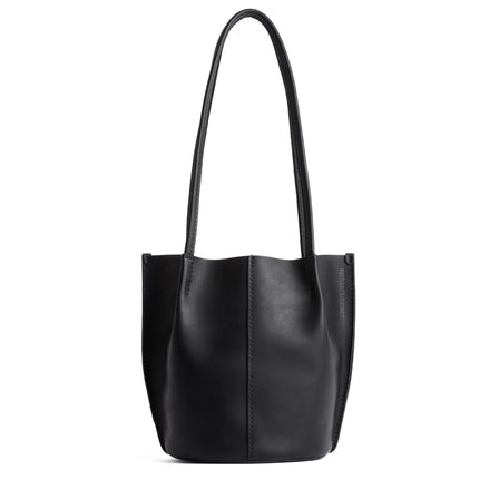 Black | Petite bucket shaped tote bag with matching leather handles