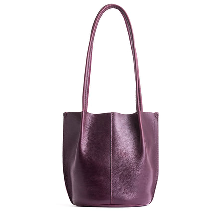 Plum | Petite bucket shaped tote bag with matching leather handles