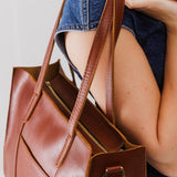 Chestnut East/West | Structured wide tote bag with overlapping panels and crossbody strap