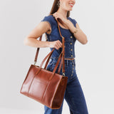 Chestnut East/West | Structured wide tote bag with overlapping panels and crossbody strap