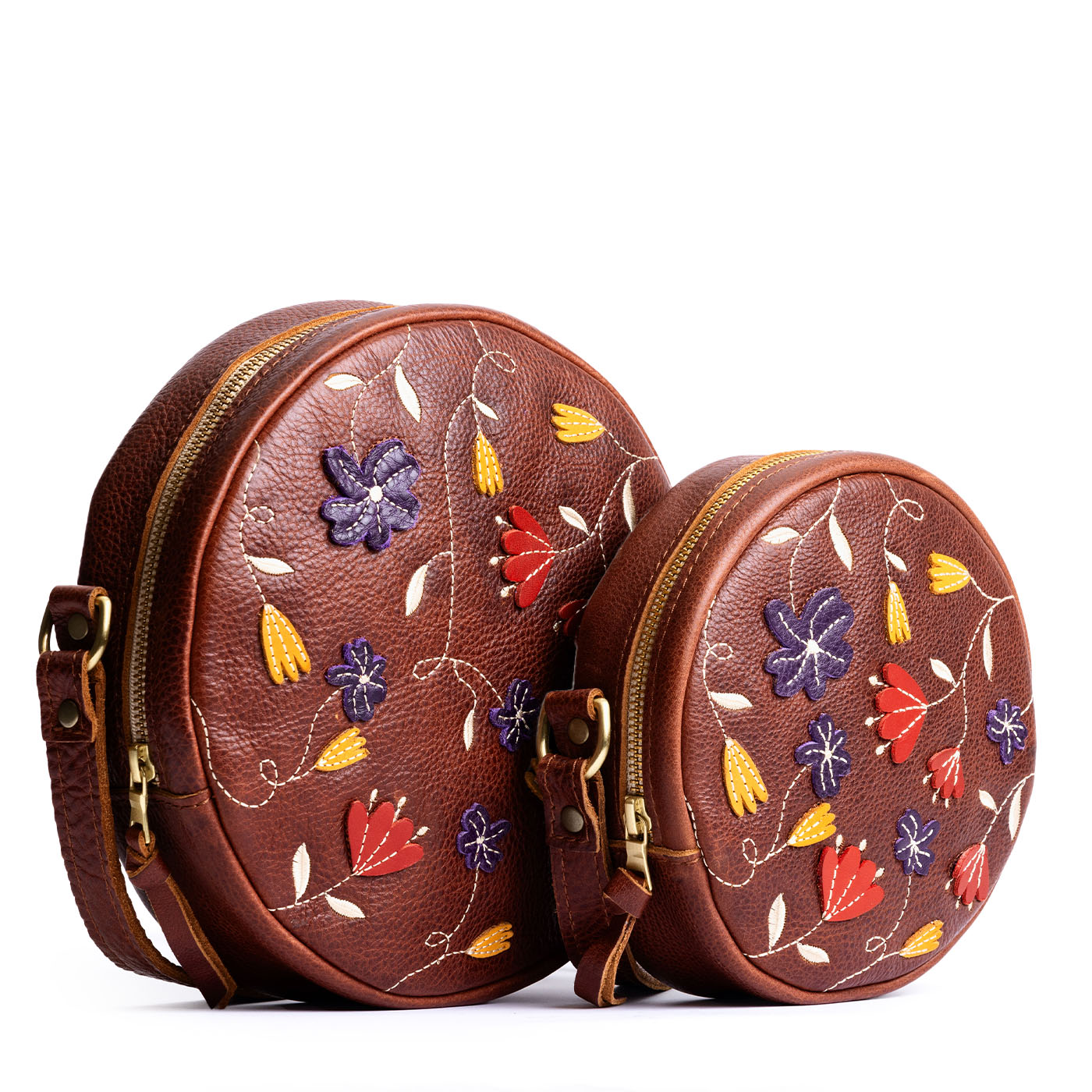 Folklore Nutmeg | Circle shaped crossbody bag with embroidered flower design