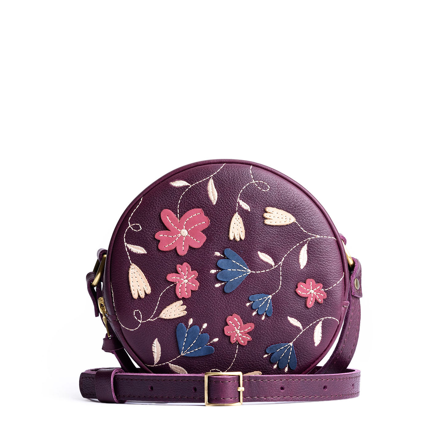 Folklore Plum*Small | Circle shaped crossbody bag with embroidered flower design