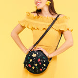  Folklore Black | Circle shaped crossbody bag with embroidered flower design