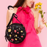  Folklore Black | Circle shaped crossbody bag with embroidered flower design